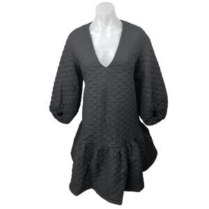 NEW ASOS Black Quilted Plunge Neck Balloon Sleeve Tiered Ruffle Hem Dress Size 2
